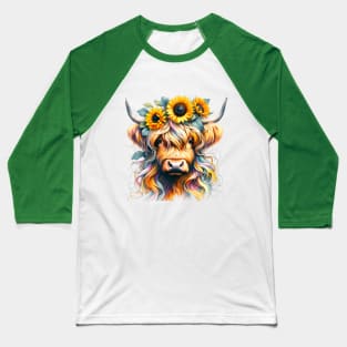 Highland Cow with Crown of Sunflowers Baseball T-Shirt